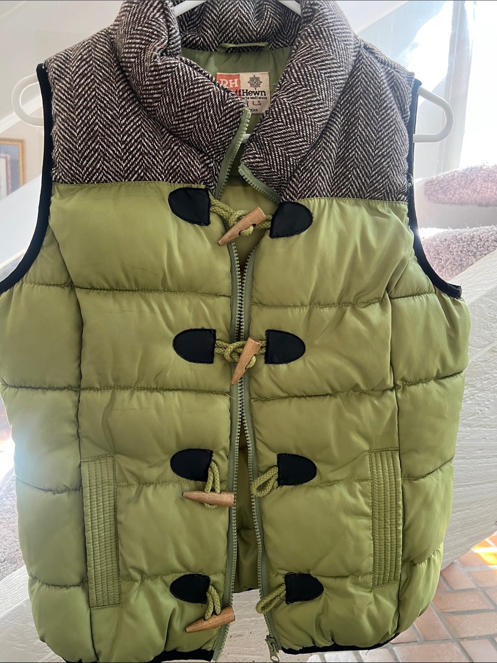 Women’s  Green Puffer Vest with Herringbone Collar and yoke with toggles
